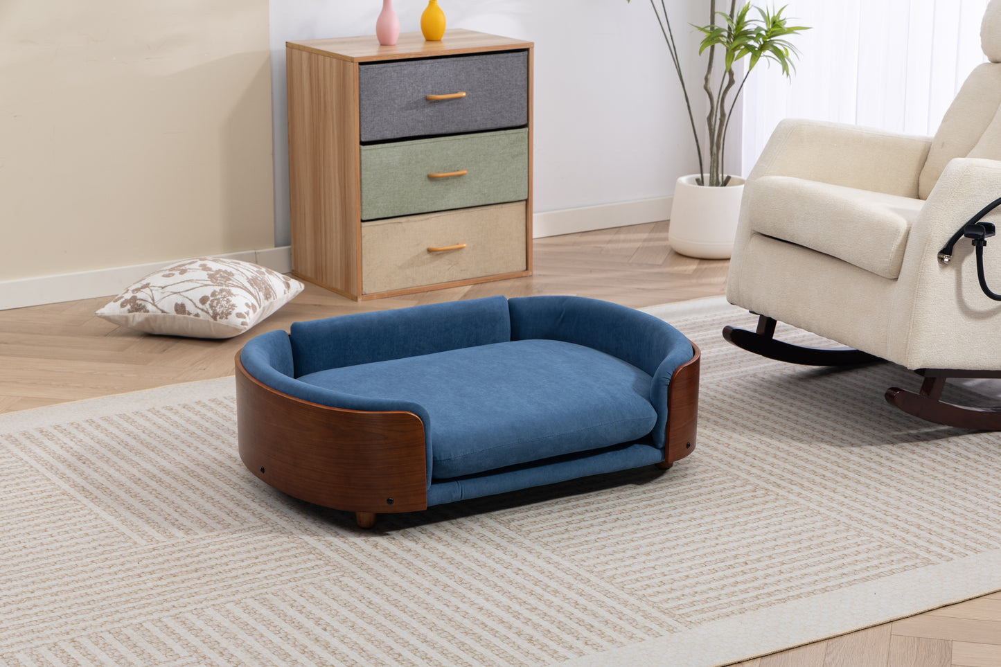 Large Scandinavian Style Elevated Dog Bed with Velvet Cushion and Solid Wood Legs