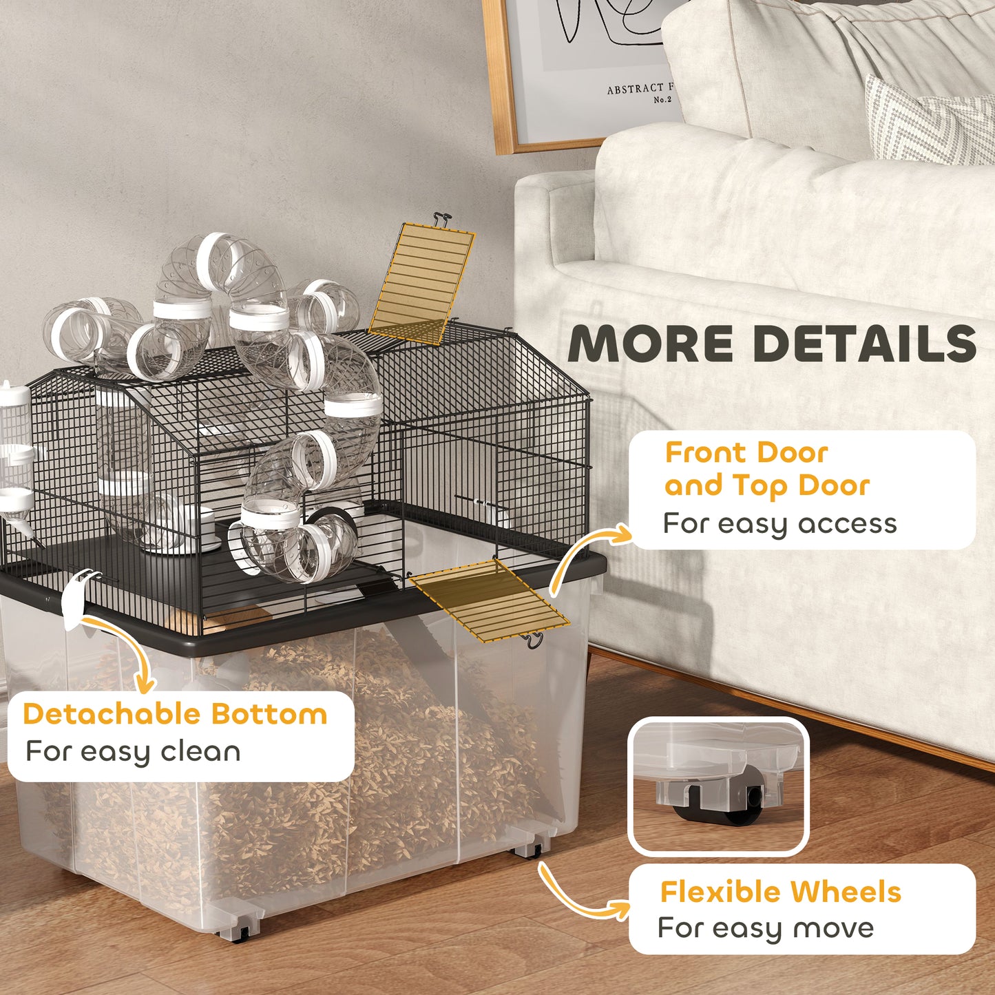 2-Tier Hamster Cage with Deep Tray, Tube System, Water Bottle & Ramp - Black