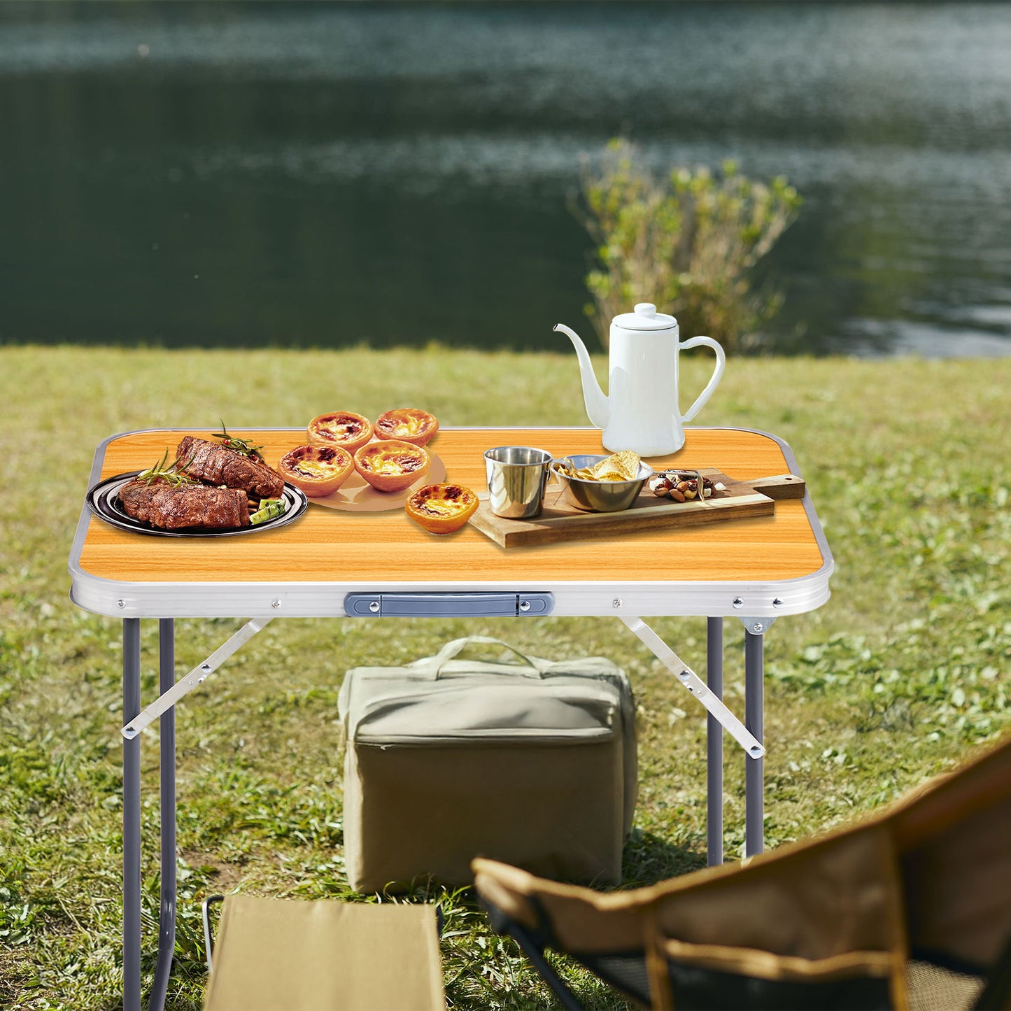 2.3ft Wood Grain Aluminum Camping Folding Table - 50kg Capacity