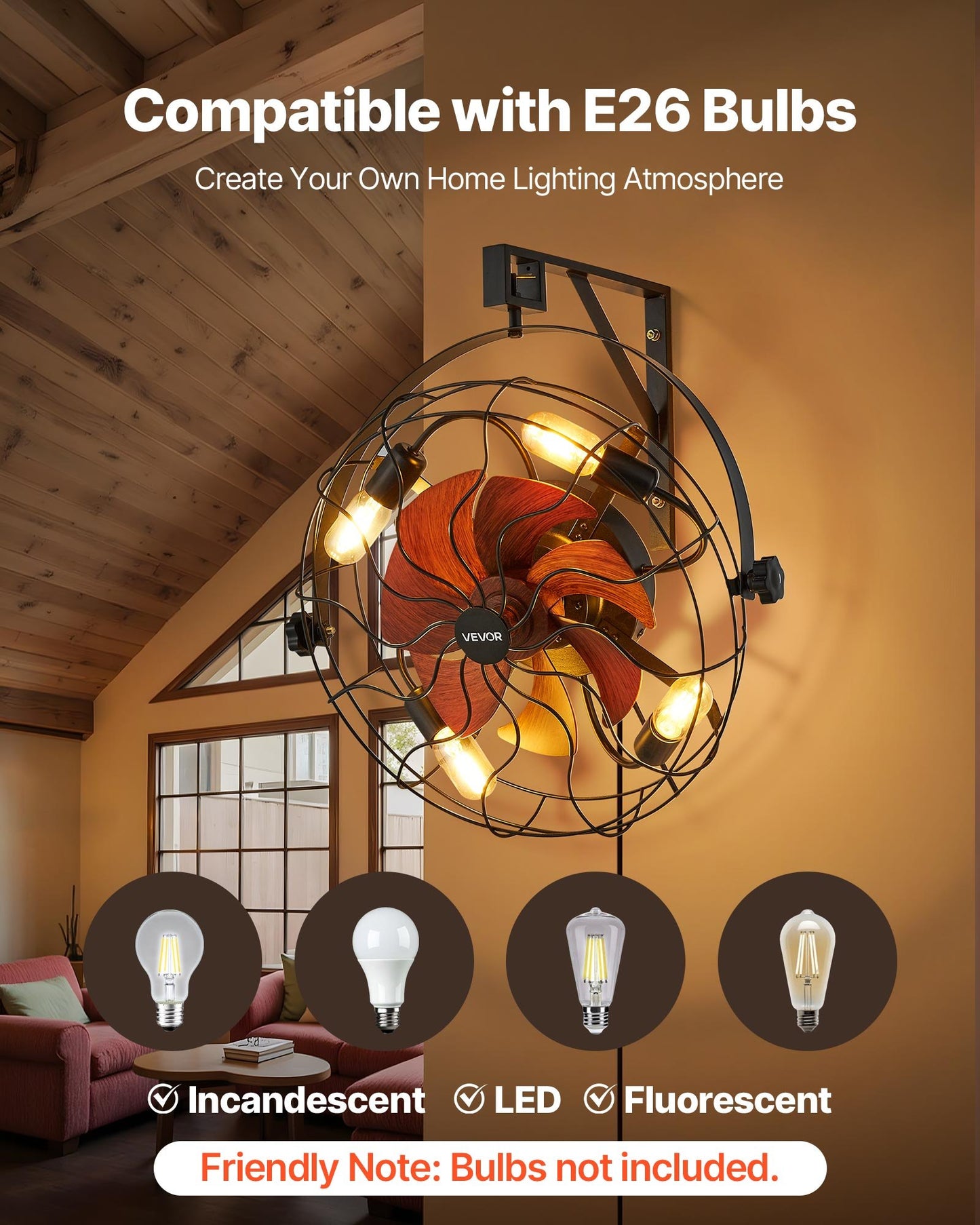 Wall Mounted Fan with Lights and Remote, 21-Inch, 6 Speeds, Timer, 360° Tilt, E26 Socket Compatible