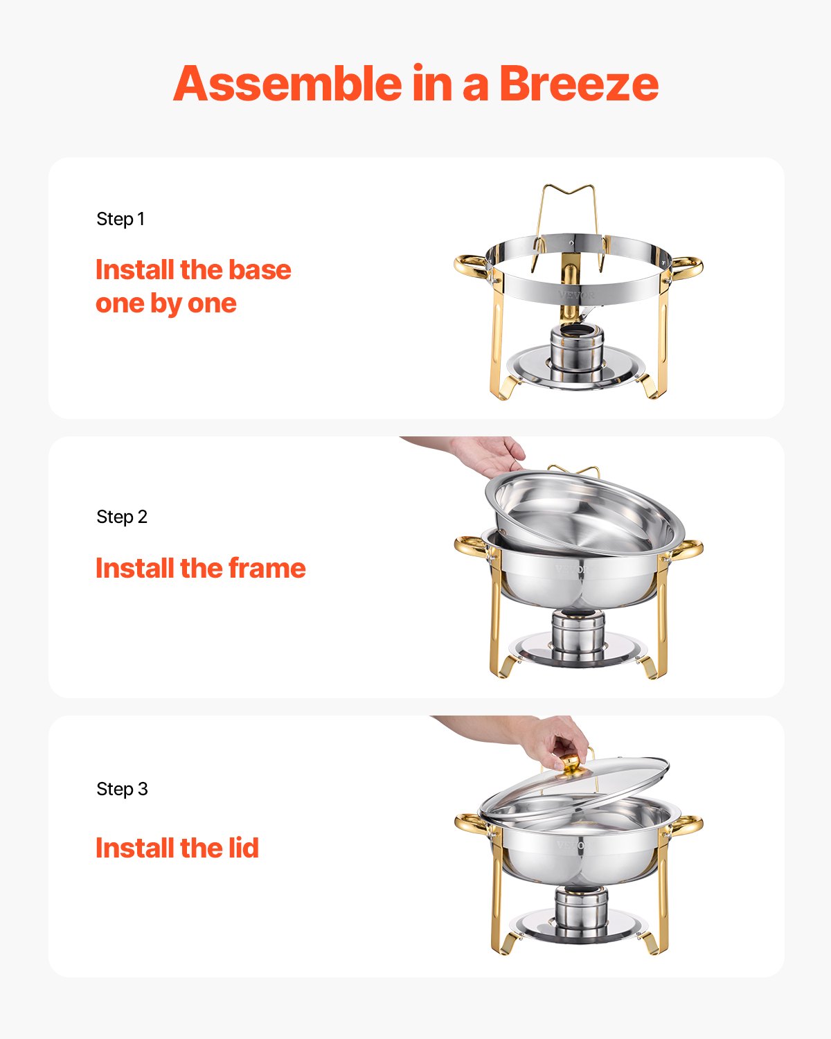 5 Qt Round Chafing Dish Buffet Set - Gold Stainless Steel