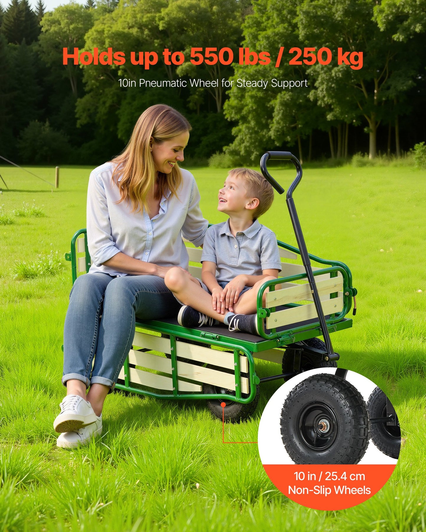 Pull-Along Kids Wagon 39 In All-Terrain Toddler Utility Cart with Wooden Panel & Handle
