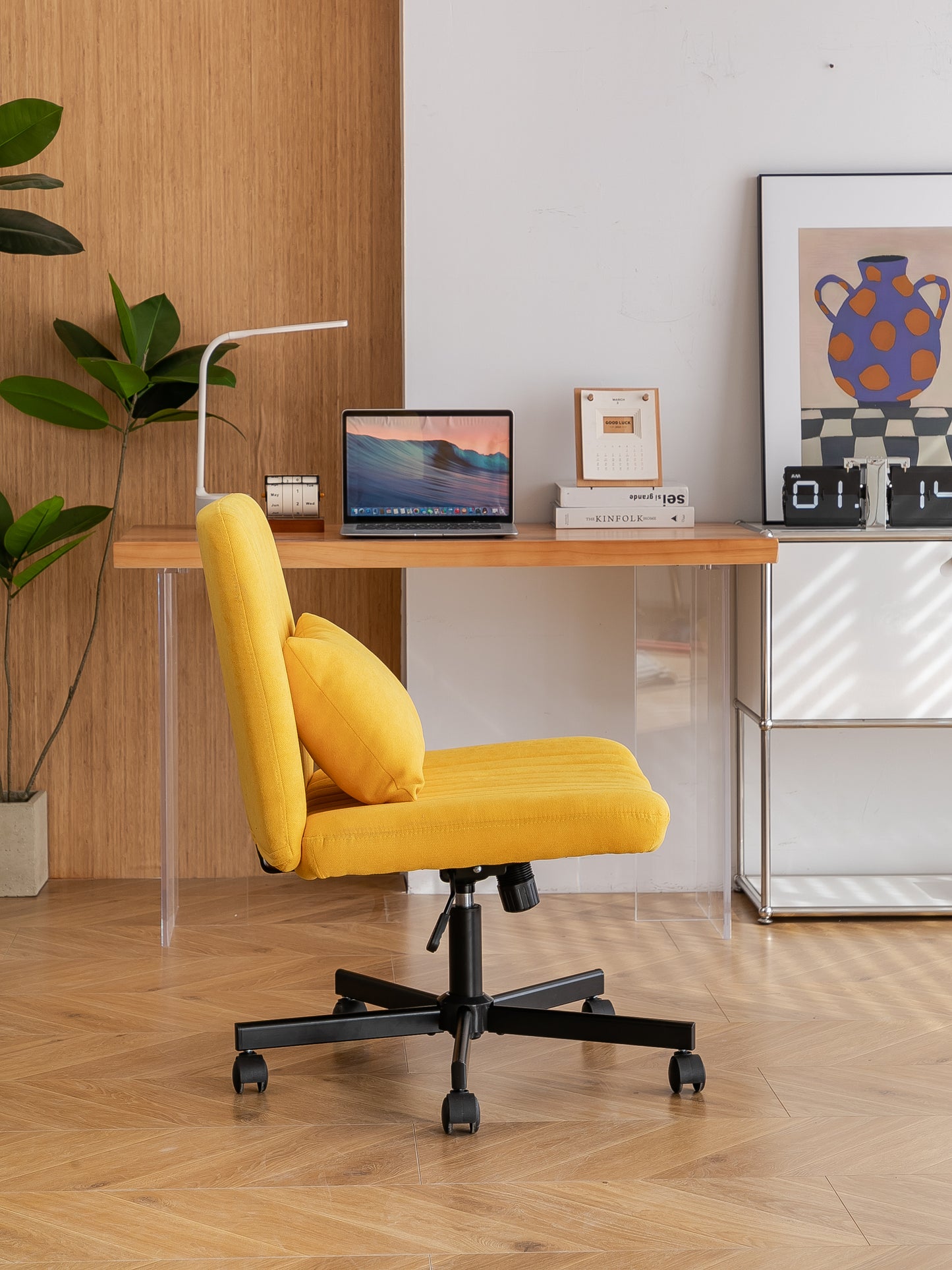 Yellow Linen Criss Cross Office Chair with Wheels - Ergonomic Design