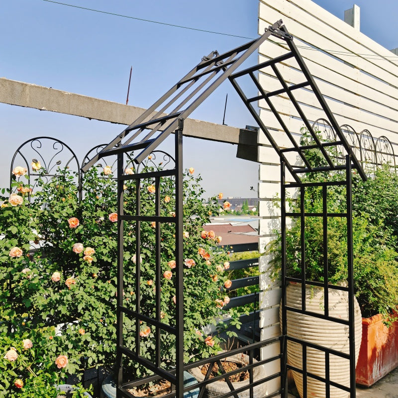 Metal Garden Arch with Convertible Bench and Flower Rack Support - Outdoor Black