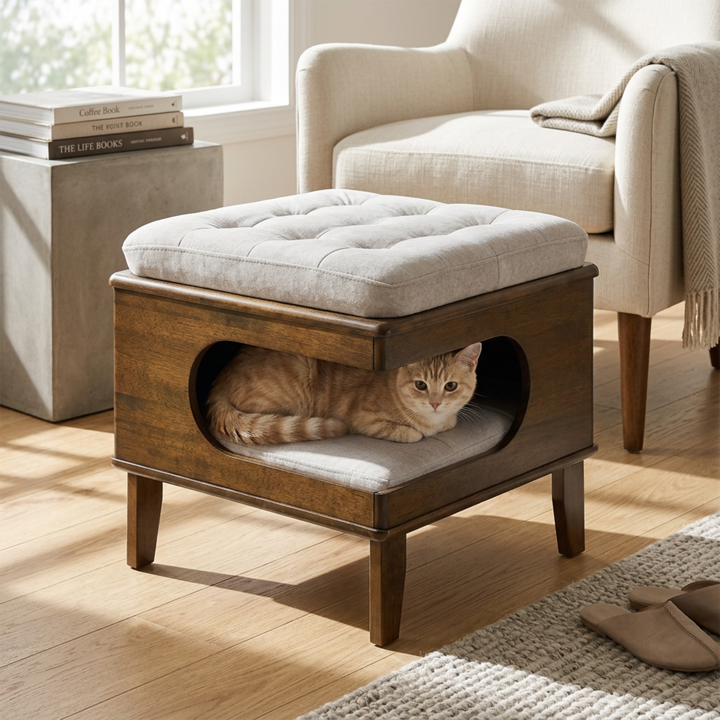 Rubber Wood Cat Bed Ottoman with Cat Cave - 2-in-1 Tufted Pet Footstool, Walnut Finish