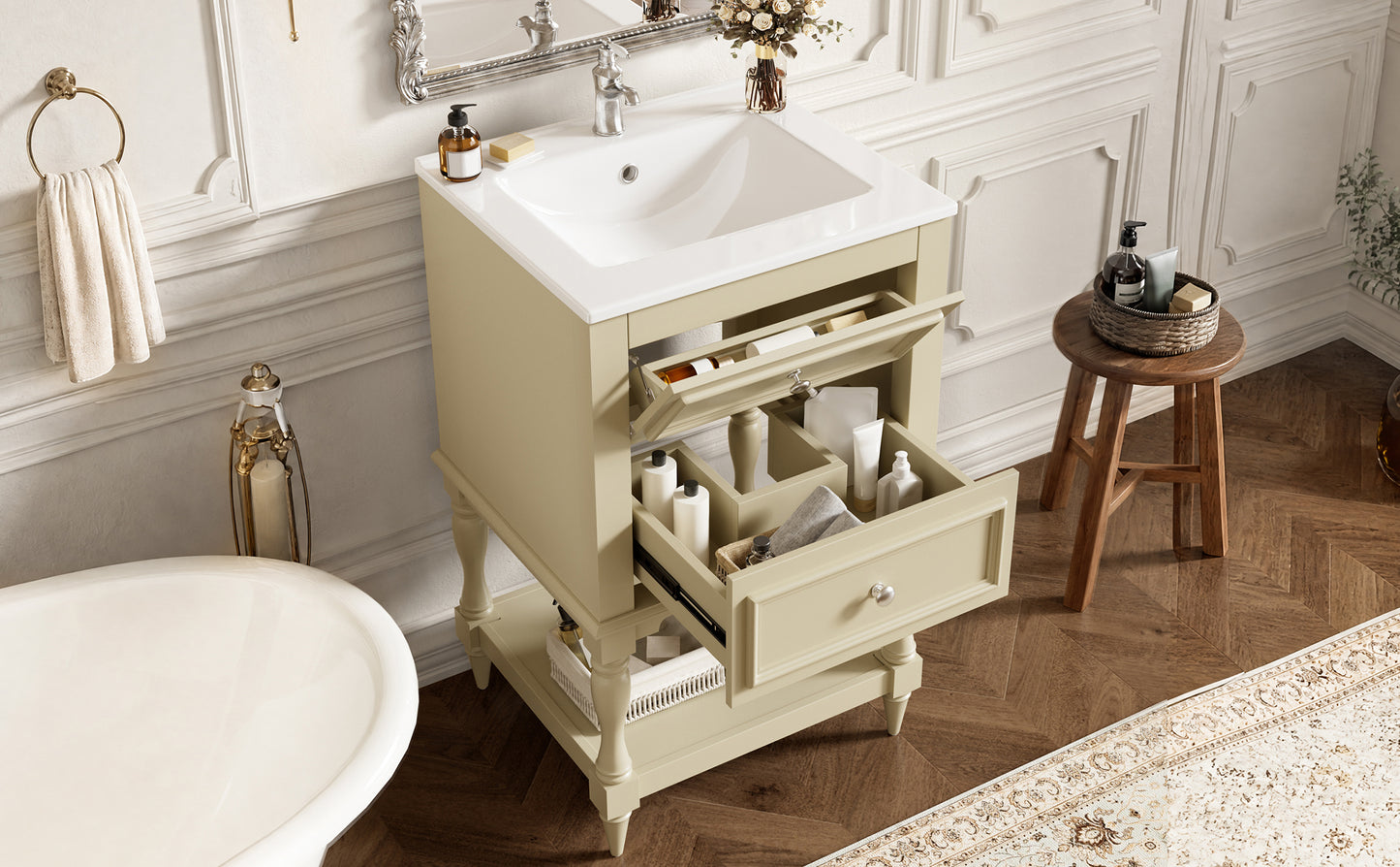 20'' Beige Bathroom Vanity with Ceramic Sink & 2 Drawers