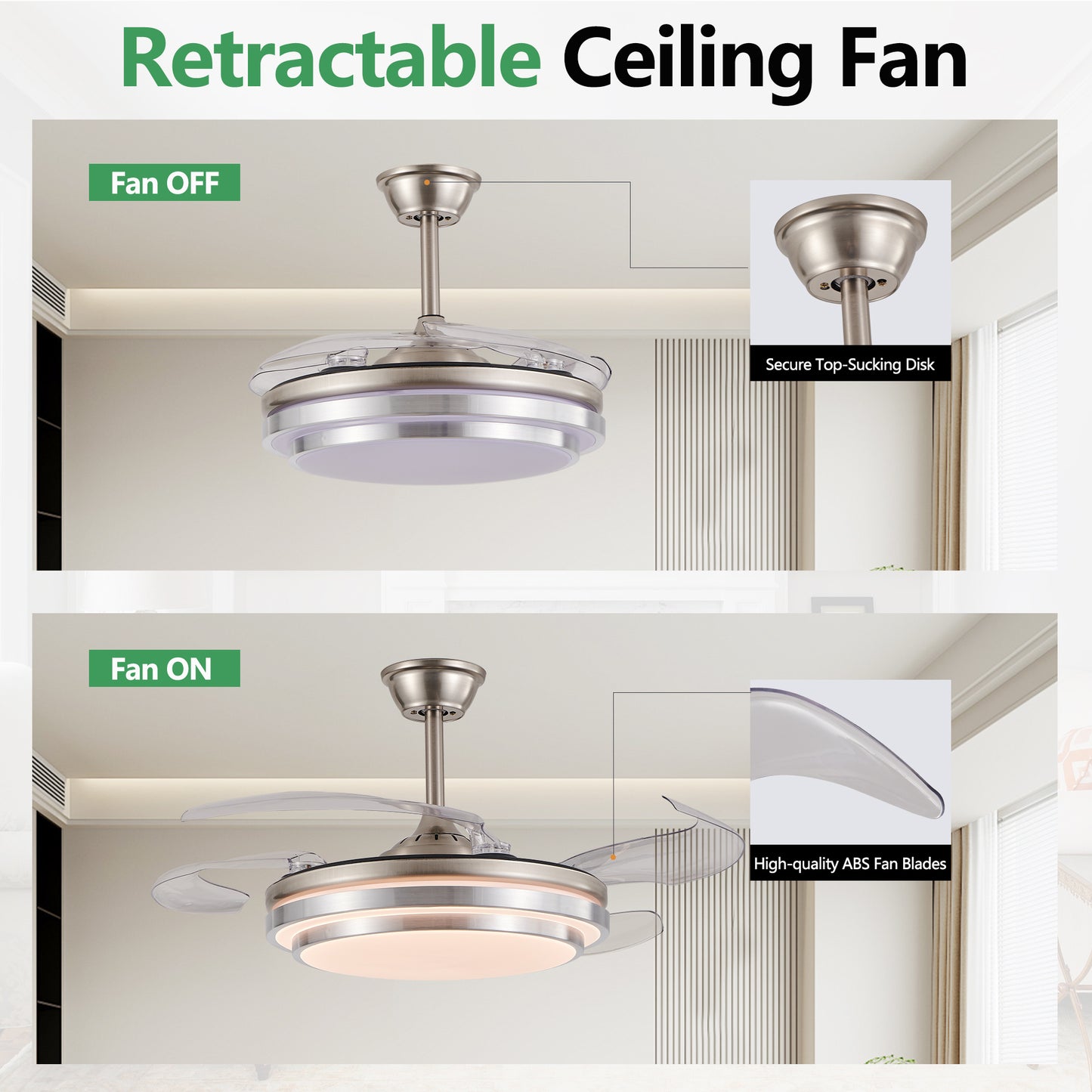 42-Inch Modern LED Ceiling Fan with Remote Control - Retractable Blades, 6-Speed, Quiet Operation