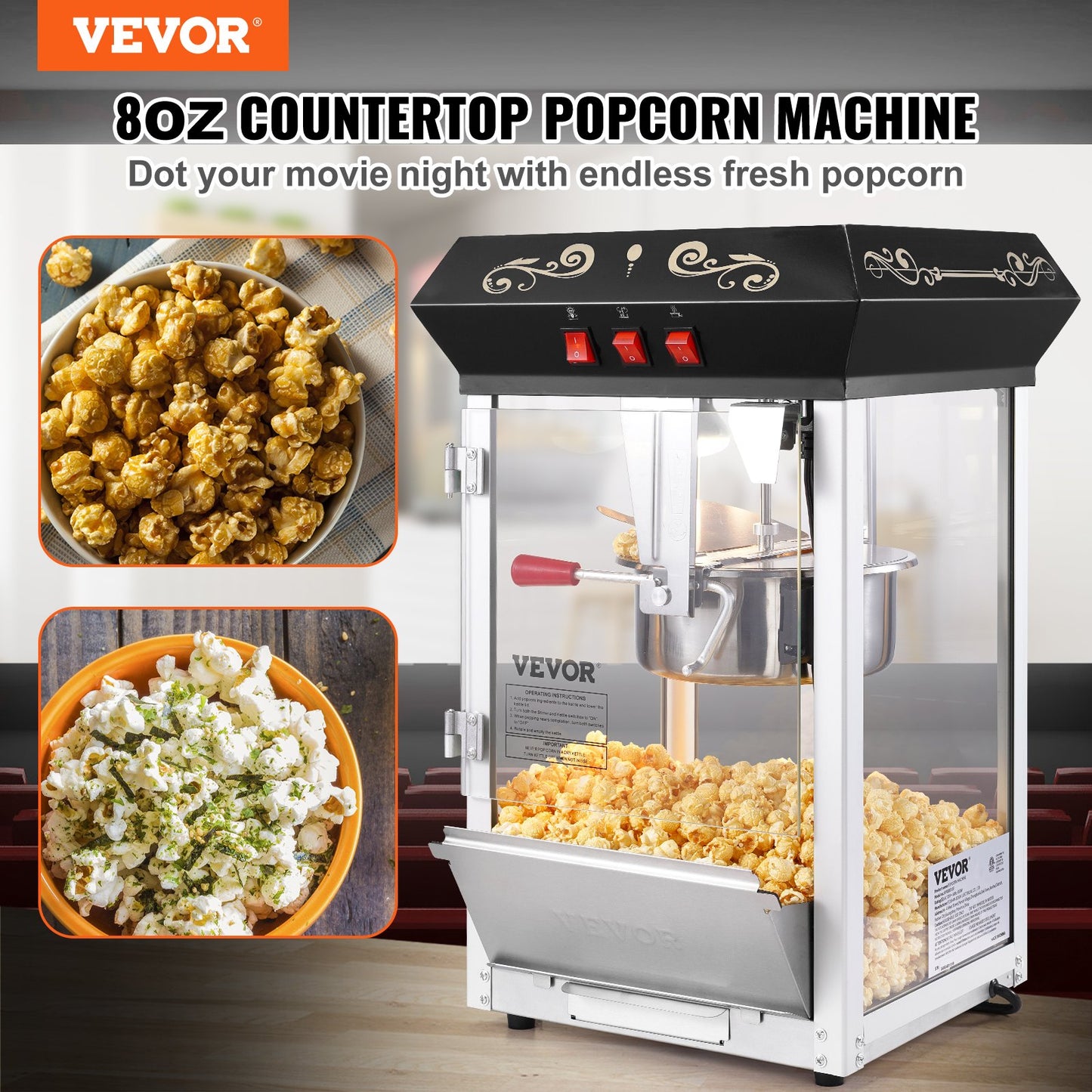 Commercial Popcorn Maker Machine 850W 8 Oz Countertop Popcorn Popper - Black