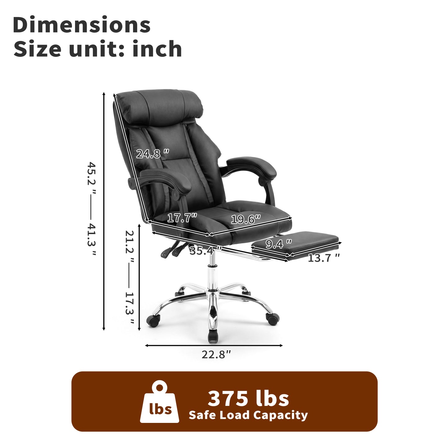 Adjustable Height Executive Office Chair with Foot Rest - Black