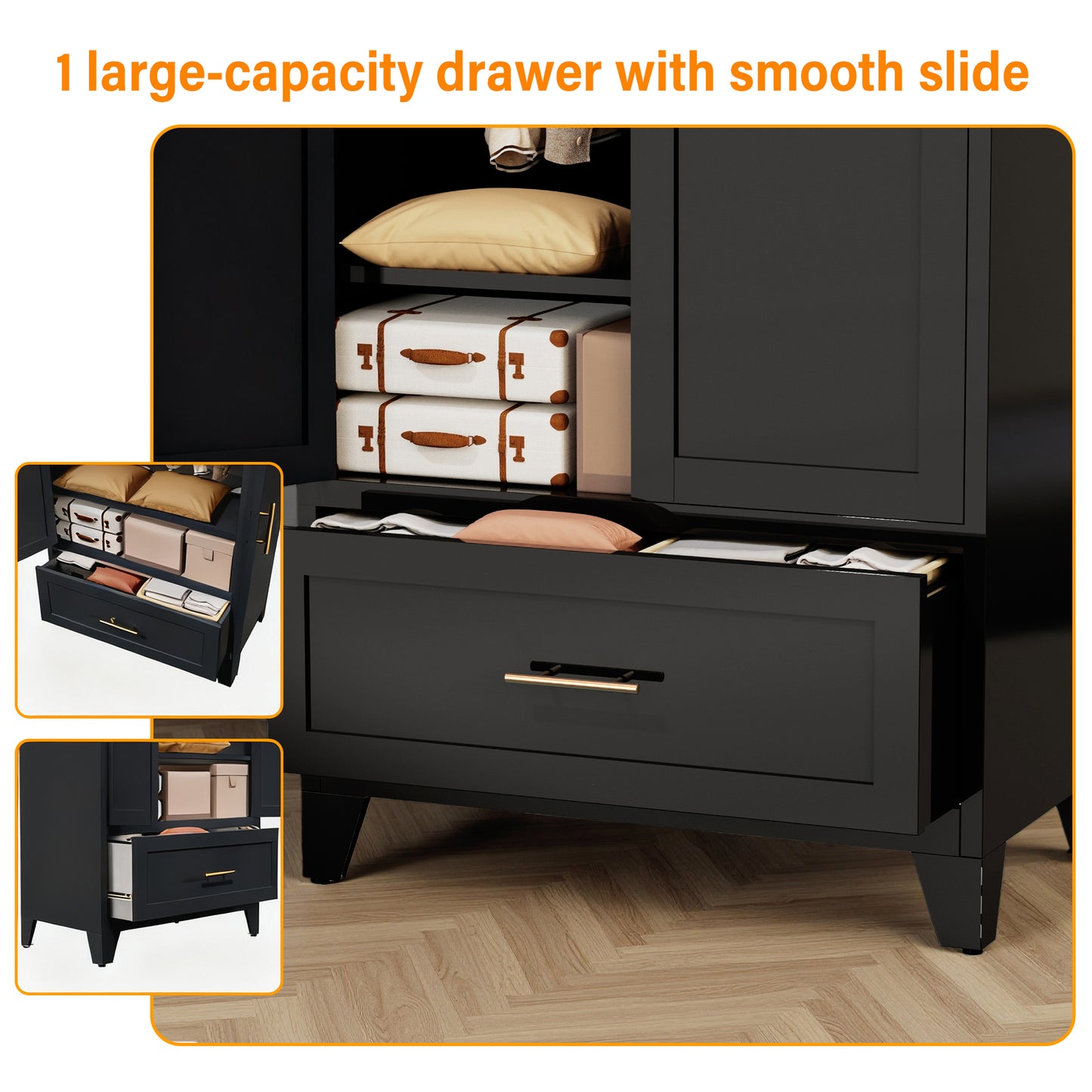 60-Inch Tall Metal Wardrobe Cabinet with Drawer and Shelf - Black