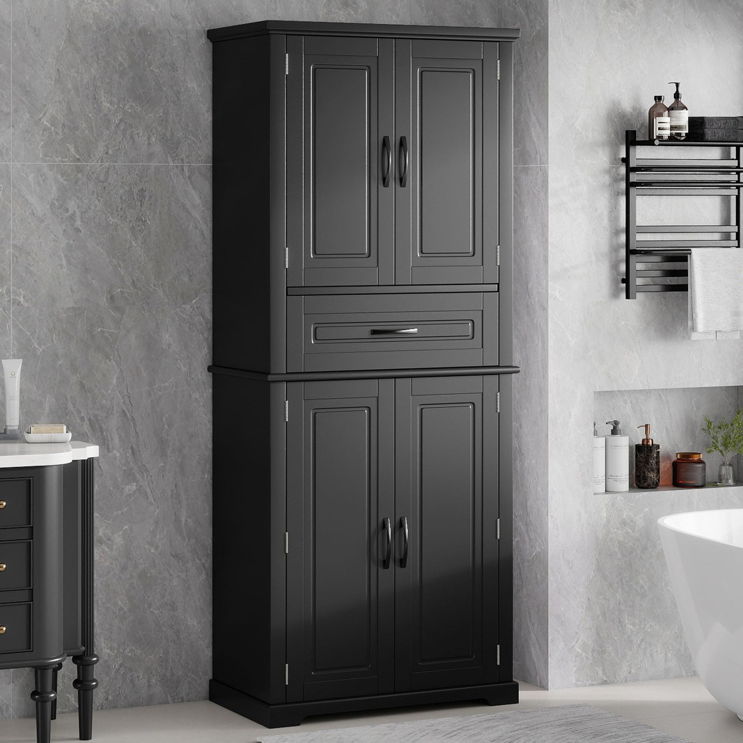 Bathroom Storage Cabinet with Adjustable Shelves & Drawer - Black