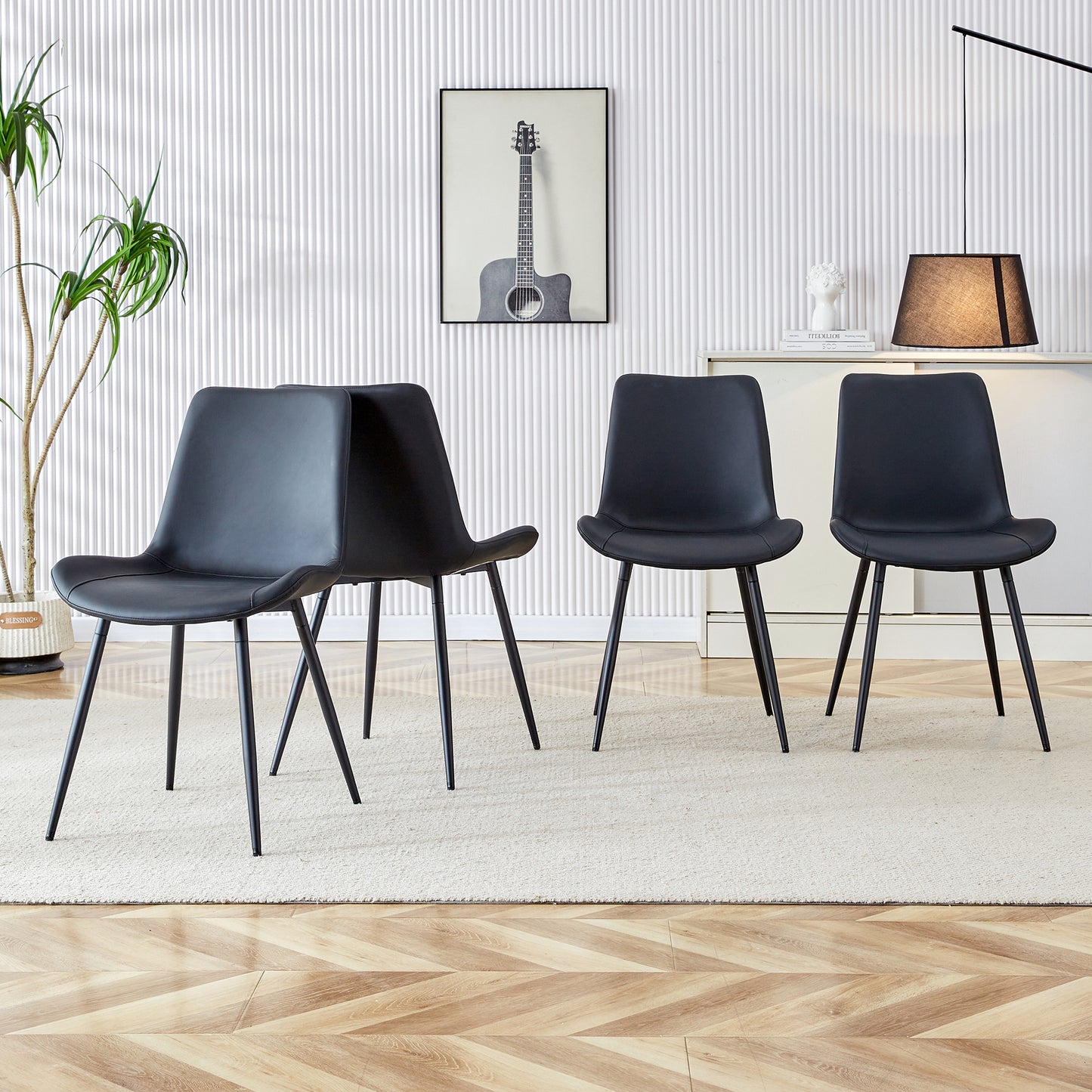 Black Artificial Leather Backrest Cushion Dining Chair, Metal Legs,