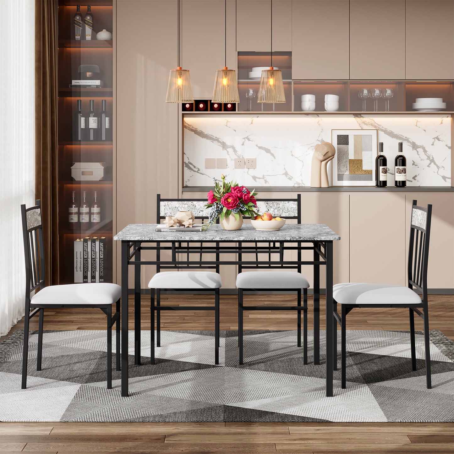 5-Piece Faux Marble Dining Set with Solid Steel Frame