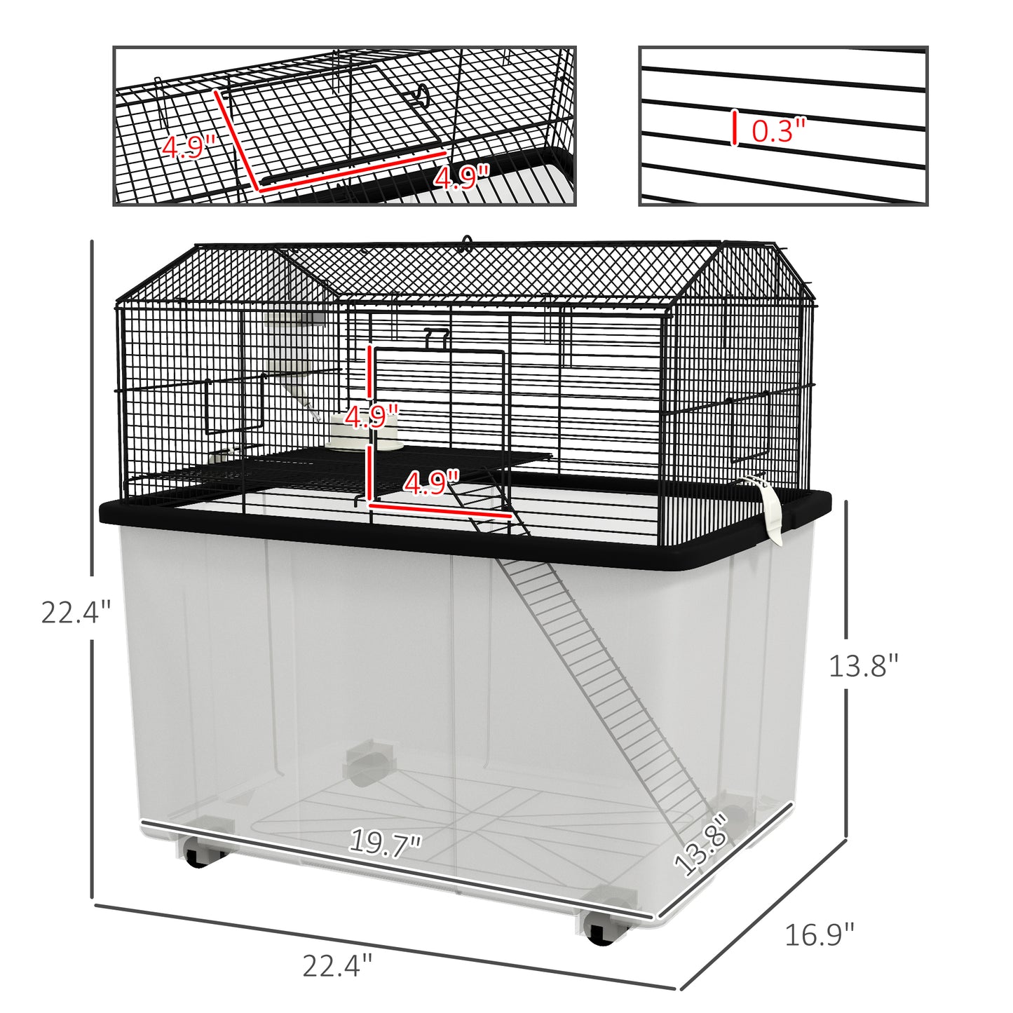 22-Inch Small Animal Hamster Cage with Deep Base, Ramp & Wheels, Black