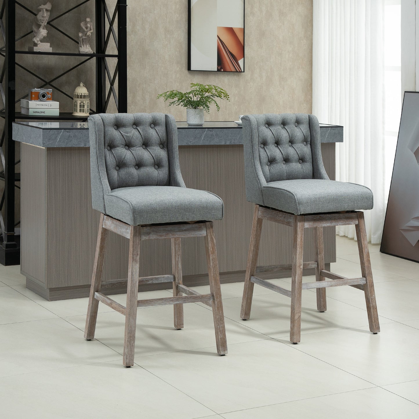 Bar Height Stools Set of 2, 180 Degree Swivel Barstools with Solid