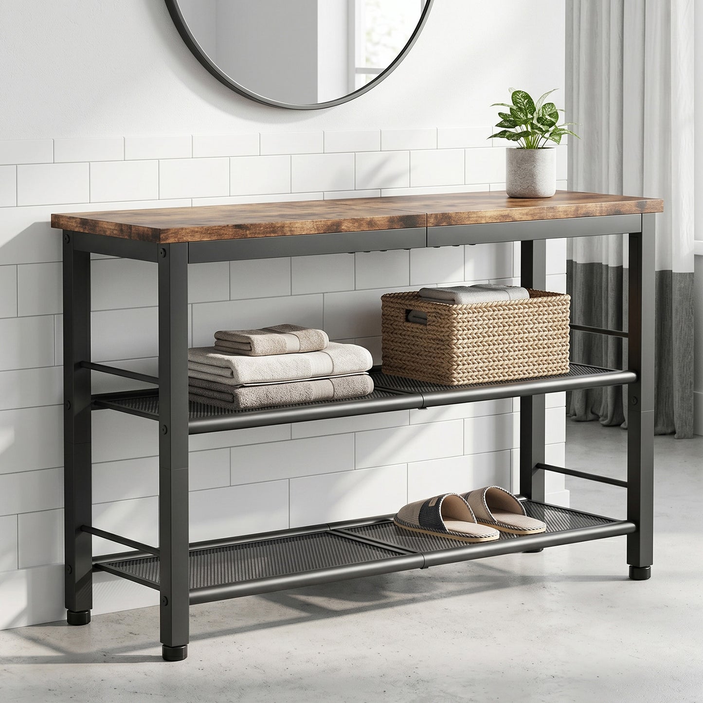 3-Tier Industrial Style Shoe Bench Storage Rack - Easy Assembly