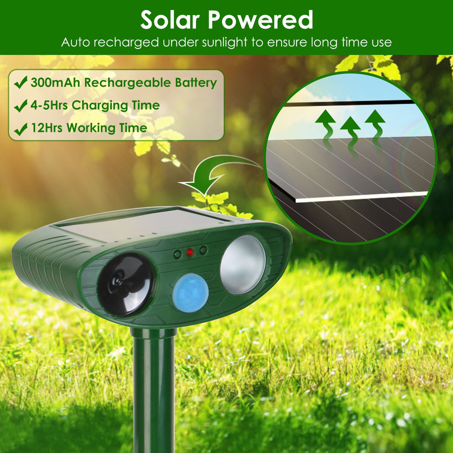 Solar Ultrasonic Animal Repeller with LED Flashing Light