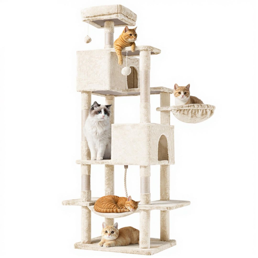 Large 66 Inch Multi-Level Cat Tree Tower with Condos & Hammock - Indoor Pet Furniture