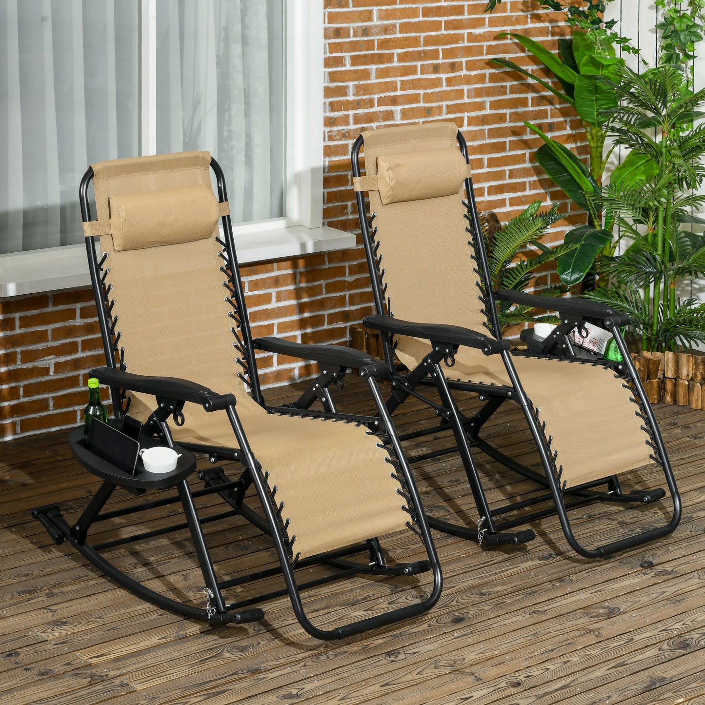 Zero Gravity Rocking Chairs - Set of 2 with Cup Holder & Pillow, Beige