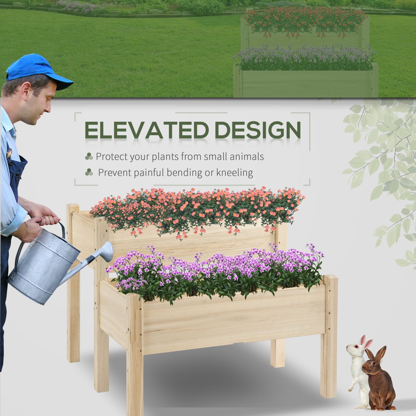 2-Tier Wooden Garden Bed and Plant Stand - 34x34x28 Inches, Natural