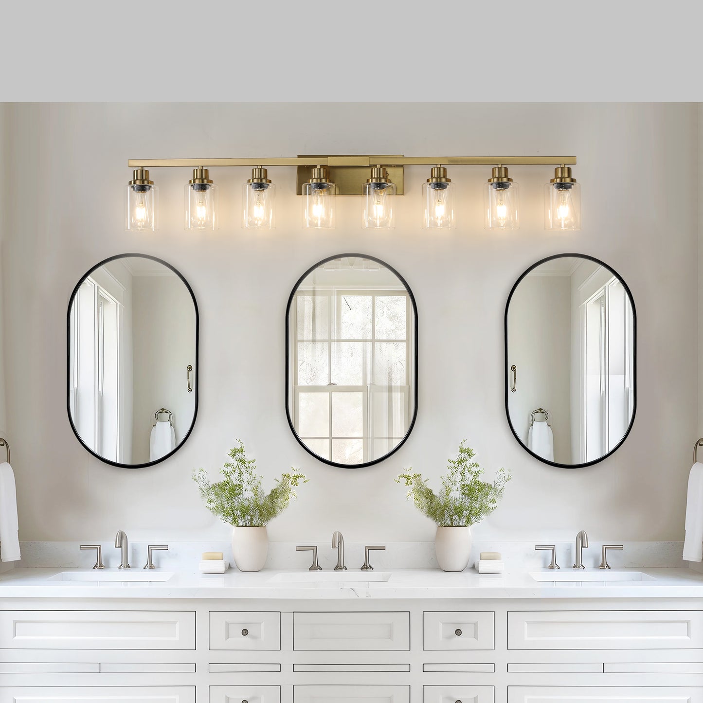 Golden 8-Light Vanity Light Fixture with Clear Glass Shades