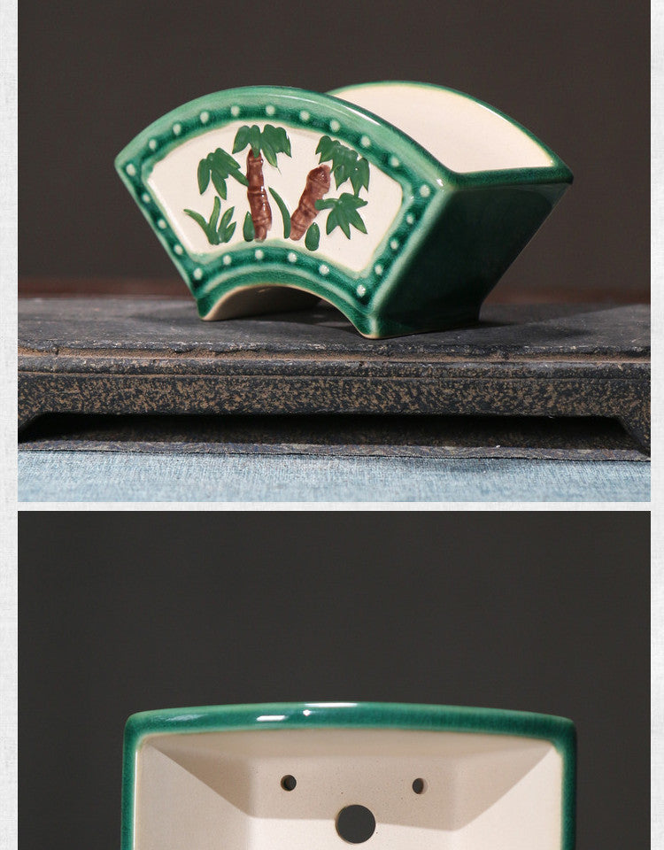 Ceramic Bonsai Flower Pot Fan-Shaped Hand-Painted Desktop Plant Container