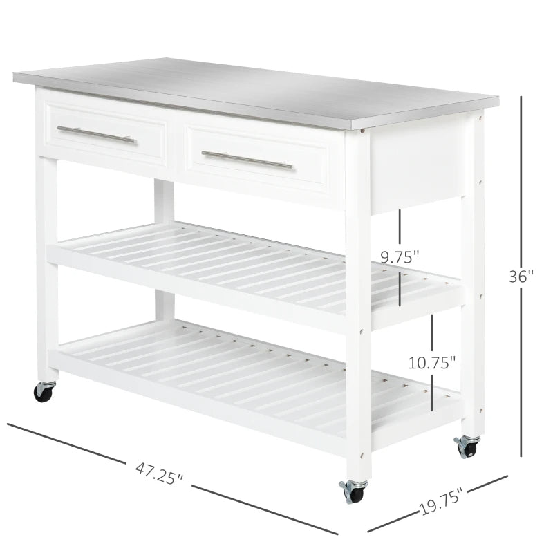 Kitchen Island Cart with Stainless Steel Top & Storage - White