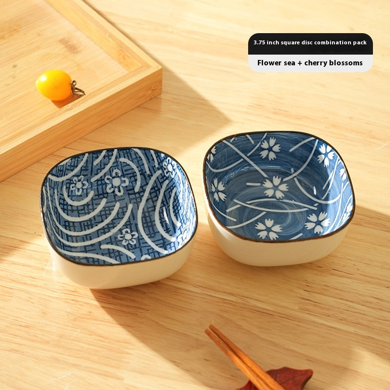 Porcelain Dipping Sauce Dish Set with Cherry Blossom Design - Small Square Plate for Kitchen & Restaurant Use