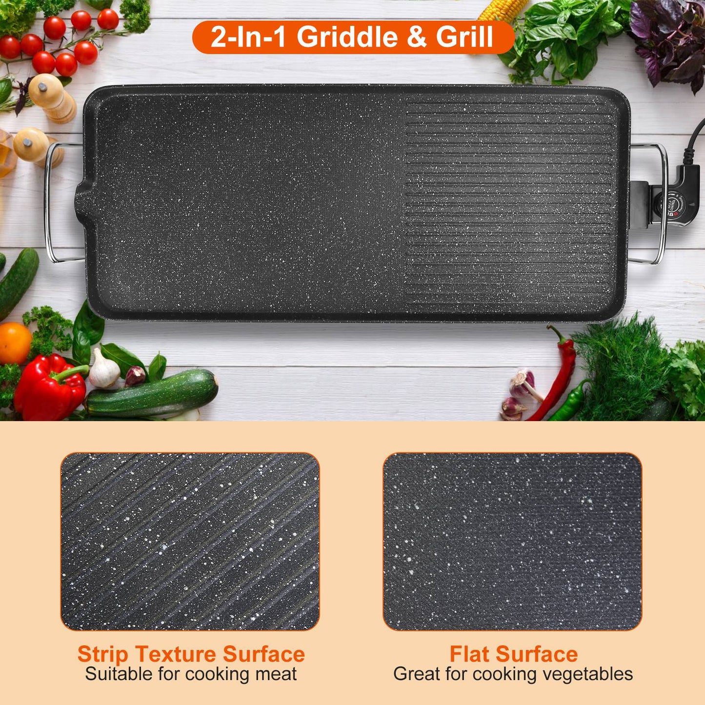 Electric Grill Griddle with Non-Stick Surface, 1500W, Indoor Outdoor Use