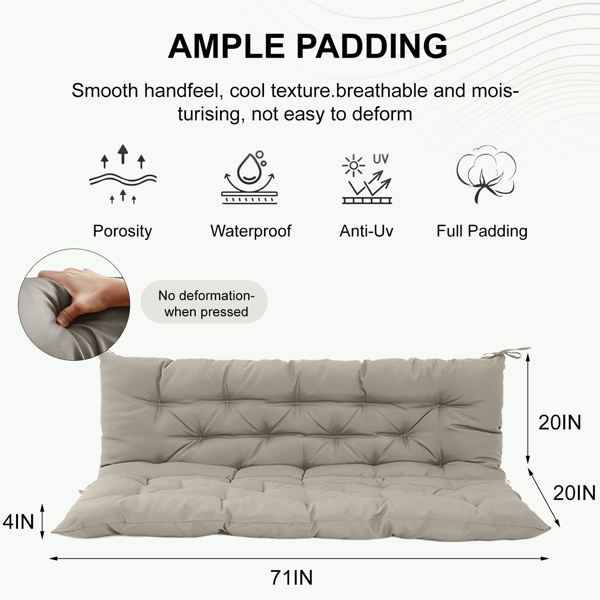 Outdoor Swing Cushions 70 Inch Waterproof 4in Thick Replacement with Backrest & Ties - Garden Porch Seat Pad, Khaki
