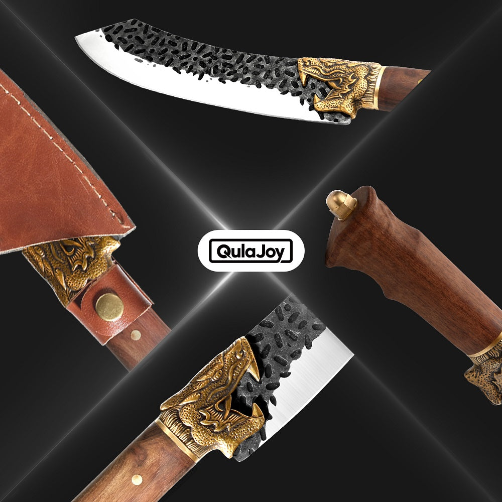 Hand Forged Camping Knife with Dragon Head Handle & Leather Sheath