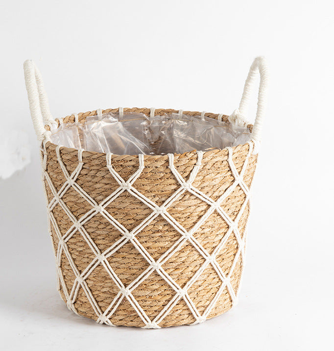 Floor-standing Flower Basket with Woven Straw Design - Garden & Home Decor