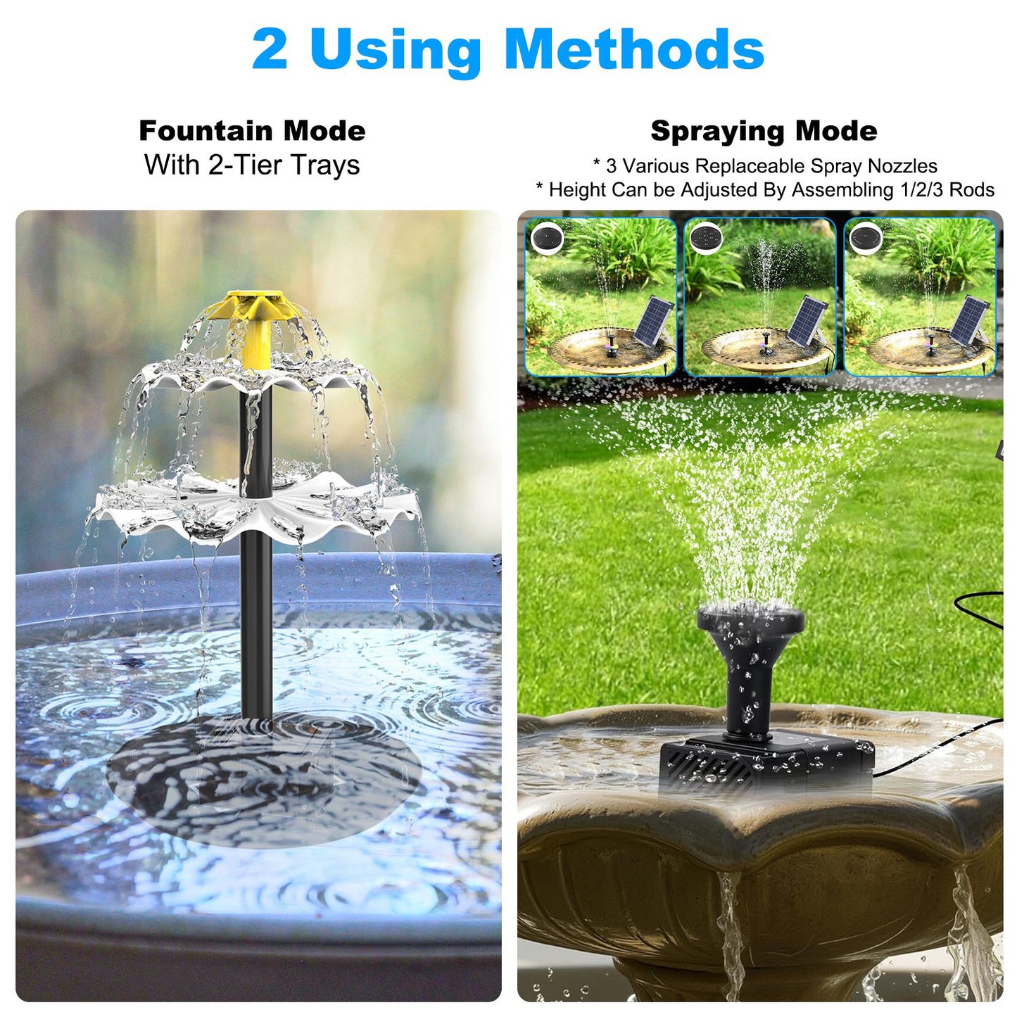 Solar Bird Bath Fountain Water Feature with Colorful LED Lights, 3 Nozzles, 6W Solar Panel