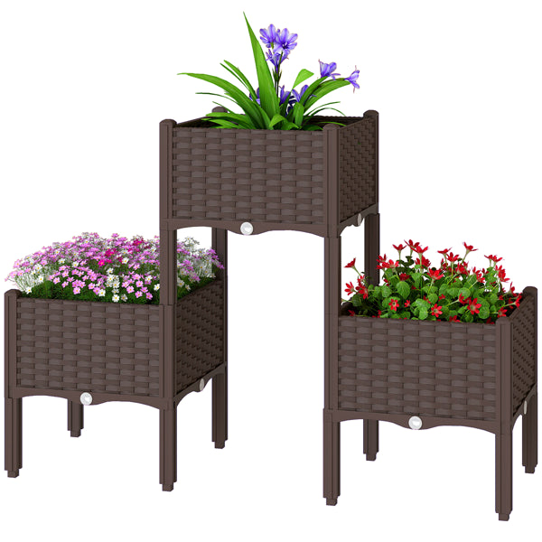Modular Raised Plant Stand with 3 Planter Boxes - Brown