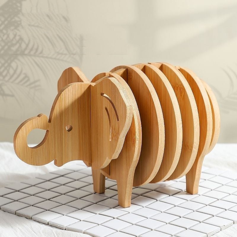 Waterproof Decorative Coaster with Lucky Elephant Ruyi Design - Bamboo Material