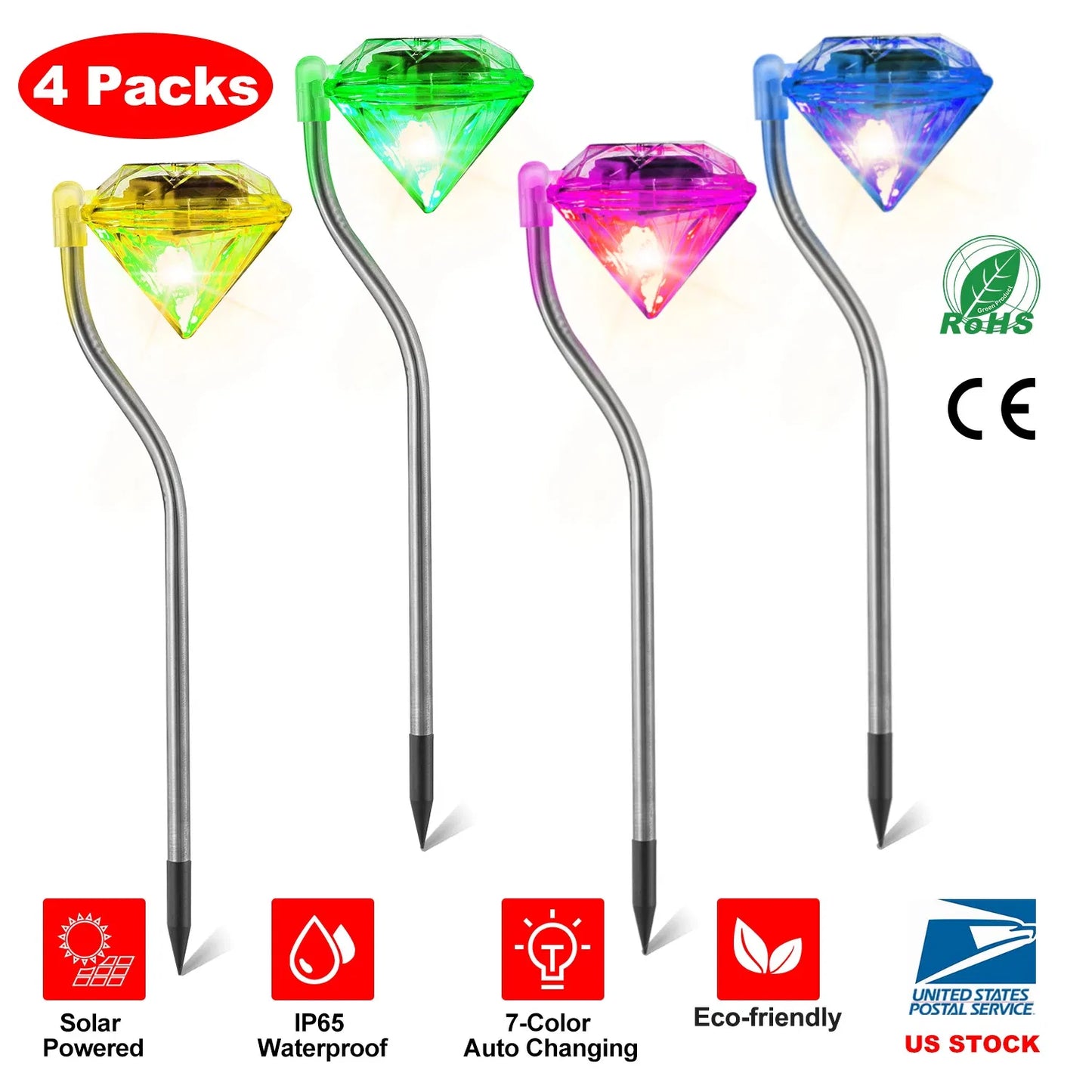 4 Pack Solar Garden Lights Outdoor LED Pathway Stake with 7-Color Changing Waterproof Lamp