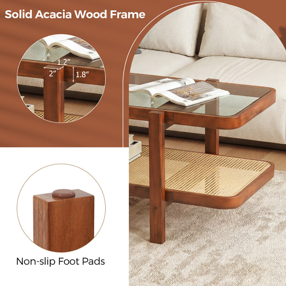 2-Tier Coffee Table With Storage And Tempered Glass Tabletop PE