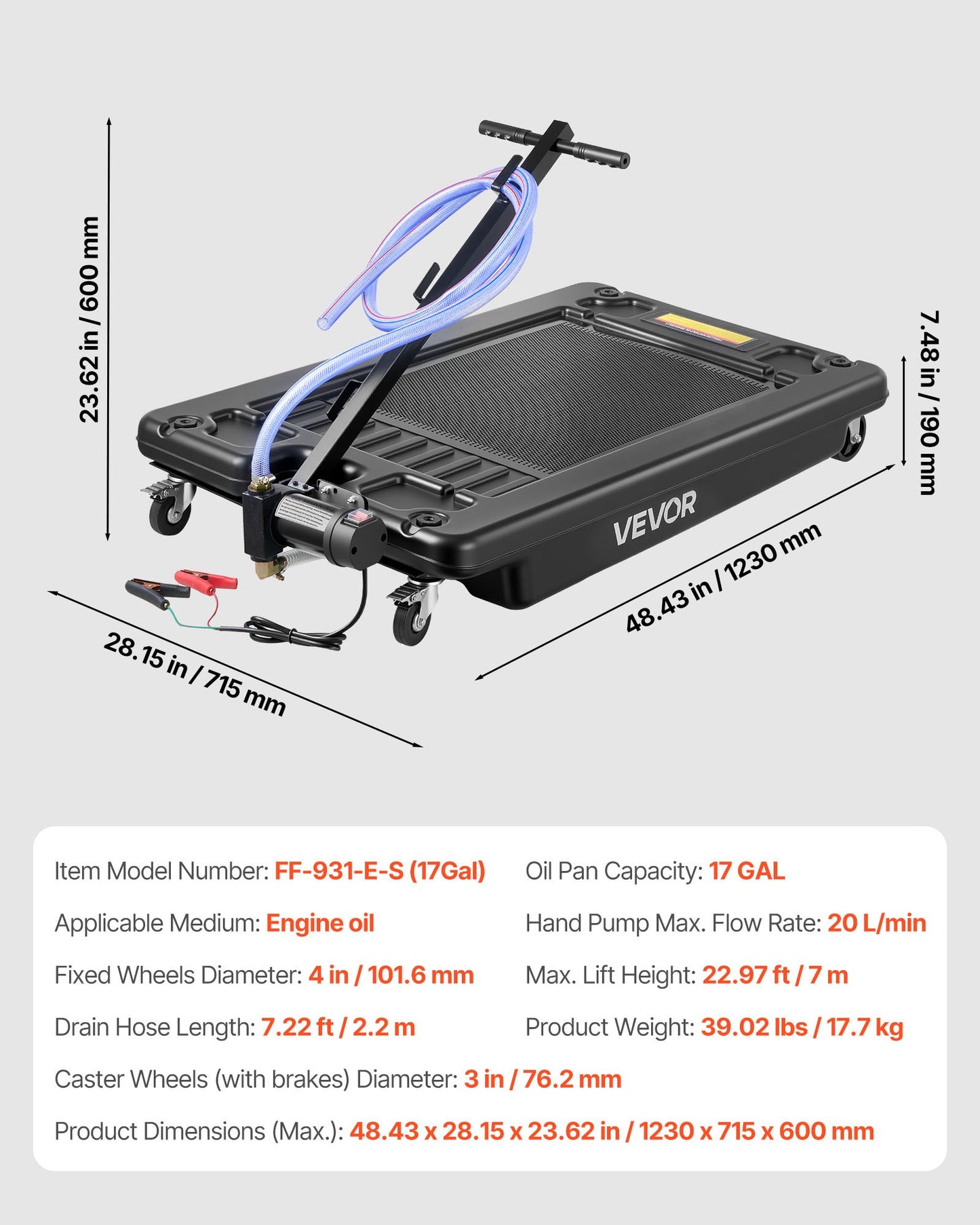 17 Gallon Low Profile Oil Drain Pan with Electric Pump & Hose - Leak-Proof, Corrosion-Resistant, Mobile for Cars & Motorcycles