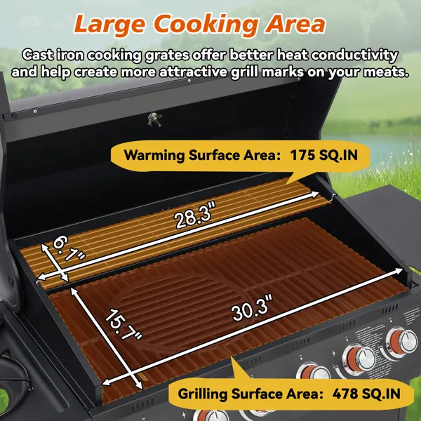6-Burner Propane Gas Grill with Side Burner - 72000 BTU Stainless Steel