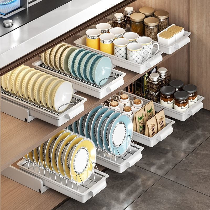 Built-in Drawer-Style Kitchen Dish and Spice Rack for Cabinets