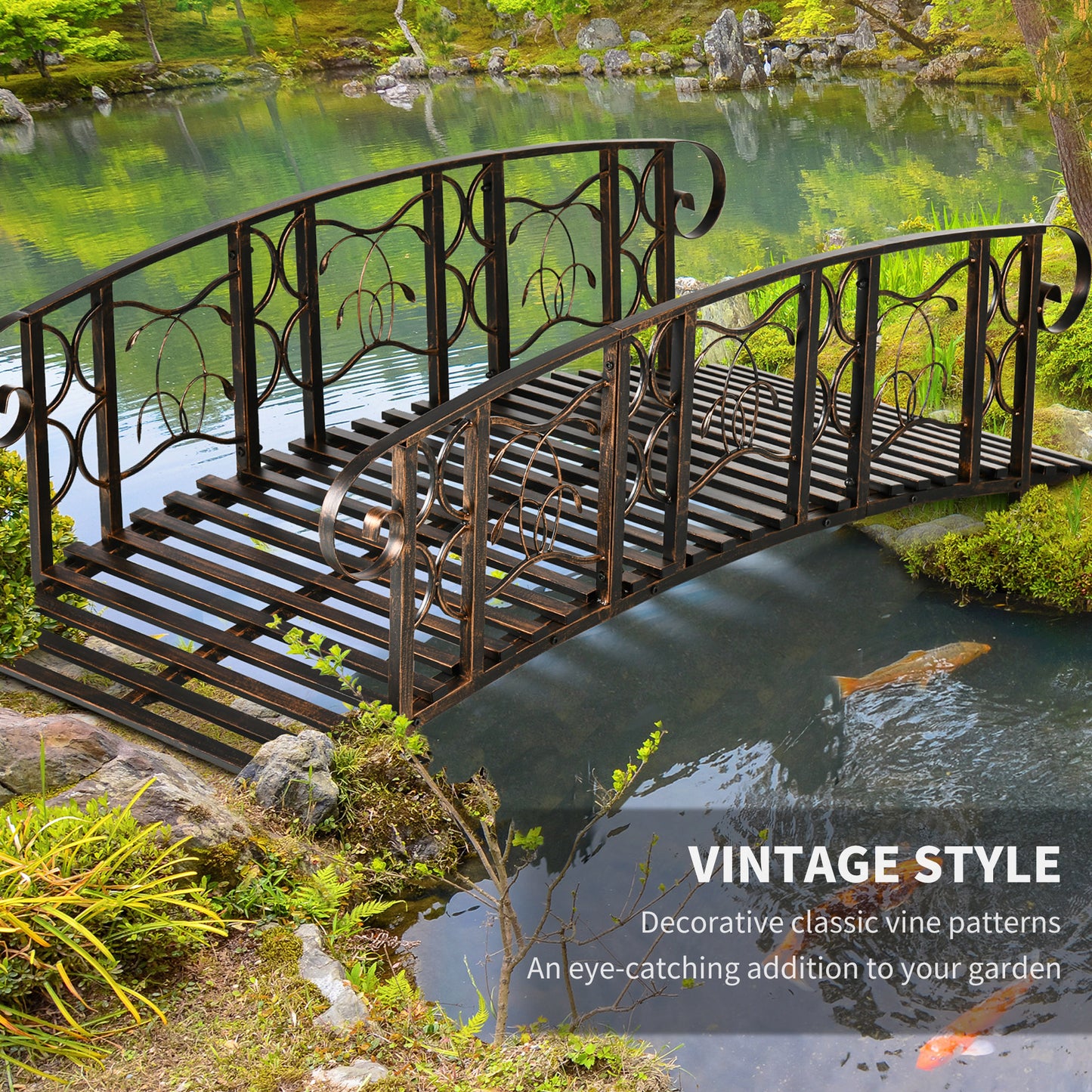 Metal Garden Bridge with Safety Rails & Vine Motifs, 660 lbs Capacity, Easy Assembly