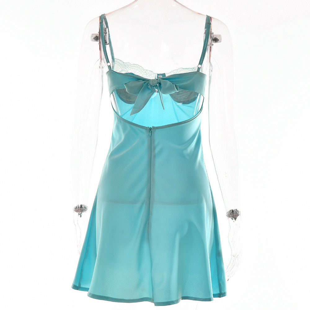 Lace Splicing Sling Short Dress with Low-Cut Design