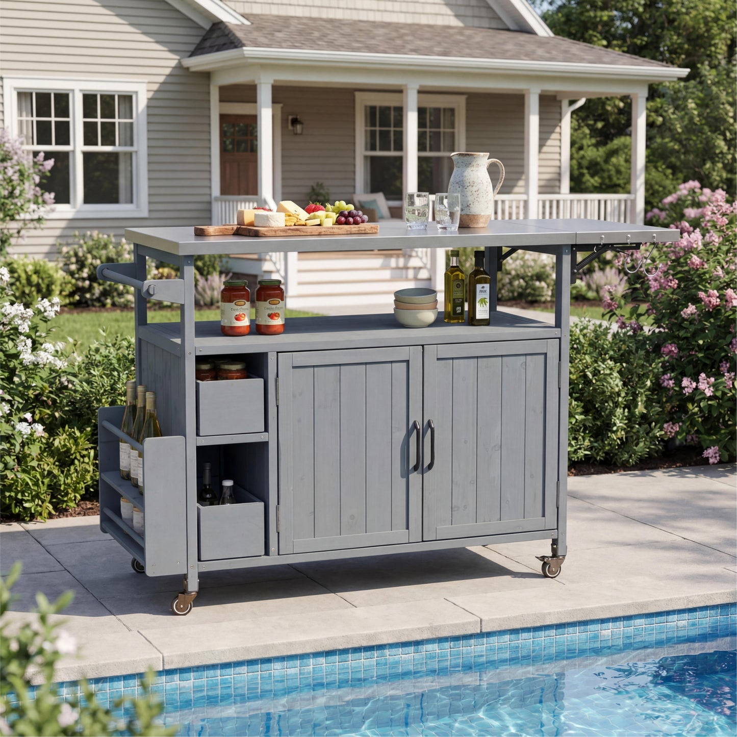54.33 Farmhouse Rolling Outdoor Kitchen Cart, Solid Wood Frame With