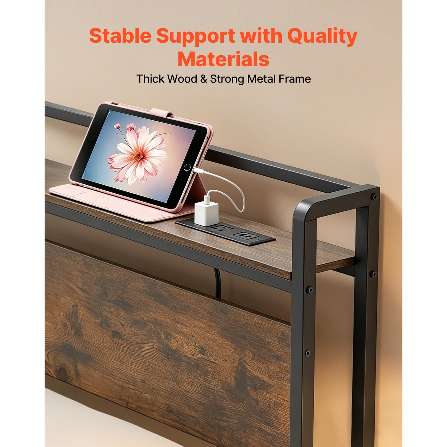 King Size Bed Headboard with Storage Shelf USB & Charging Ports - Adjustable & Sturdy Carbon Steel Frame, Black or Brown