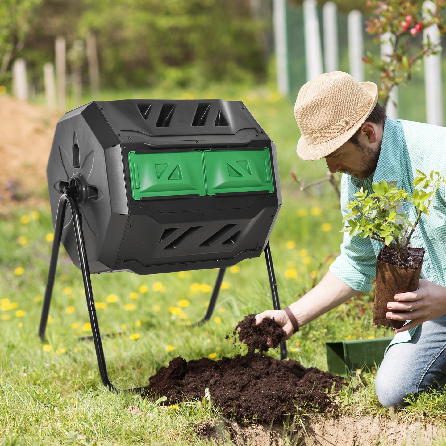 Outdoor Compost Bin 43 Gallon Dual Chamber Rotating Garden Tumbler - Green