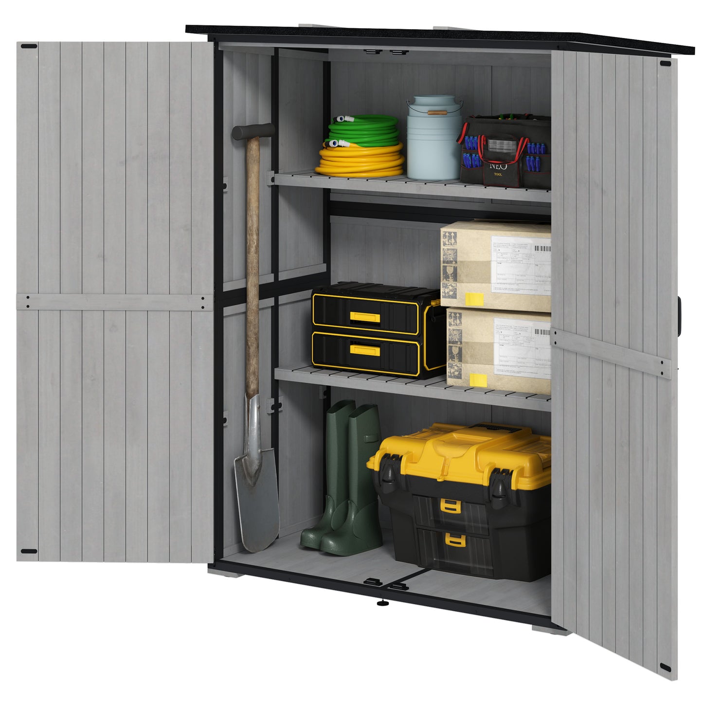 Wood Storage Shed, Outdoor Garden Shed With Asphalt Roof, 2 Shelves,