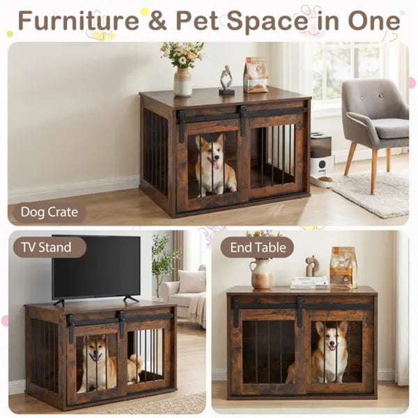 Dog Crate Furniture with Sliding Barn Door - 31.5 Inch Wooden Dog Kennel End Table - Rustic Brown