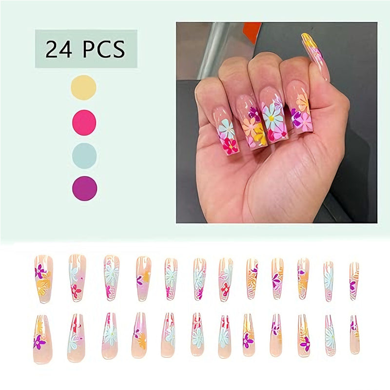 24-Piece Long Square Press-On Nails with Floral Art Design