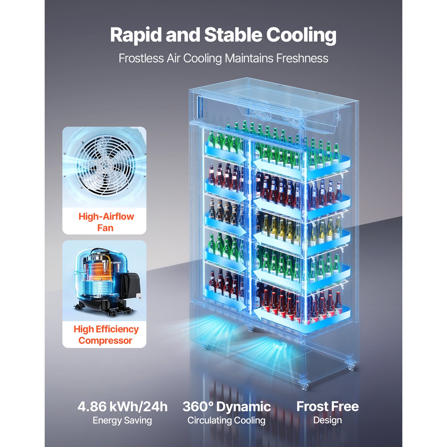 Commercial Refrigeration Display Cooler with Glass Doors & Adjustable Shelves
