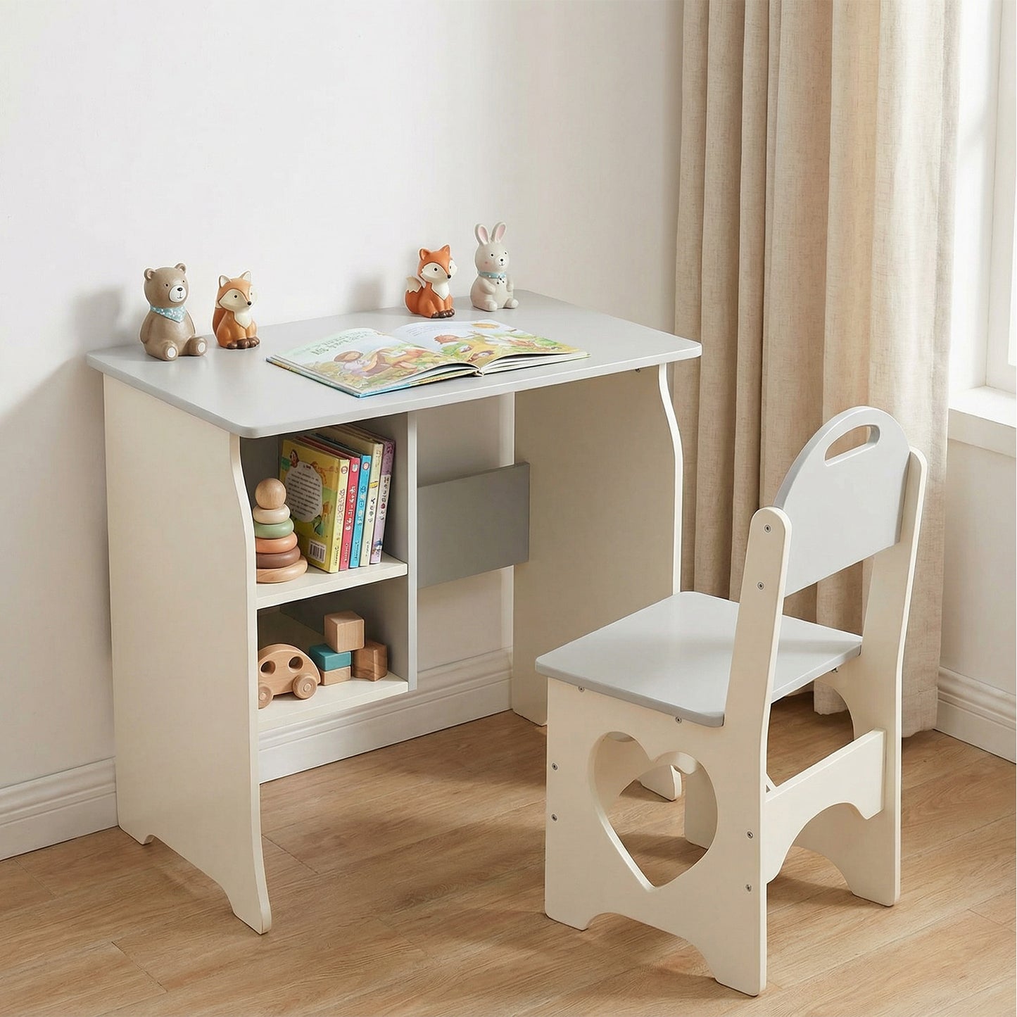 Kids Desk And Chair Set Multifunctional White Grey Toddler Student